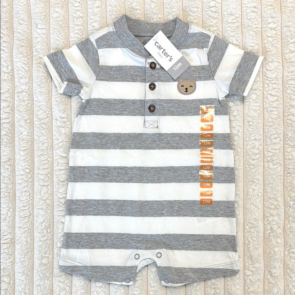 Carter’s Button Up Romper Onesie Bodysuit Gray & White Stripe Bear 100% Cotton